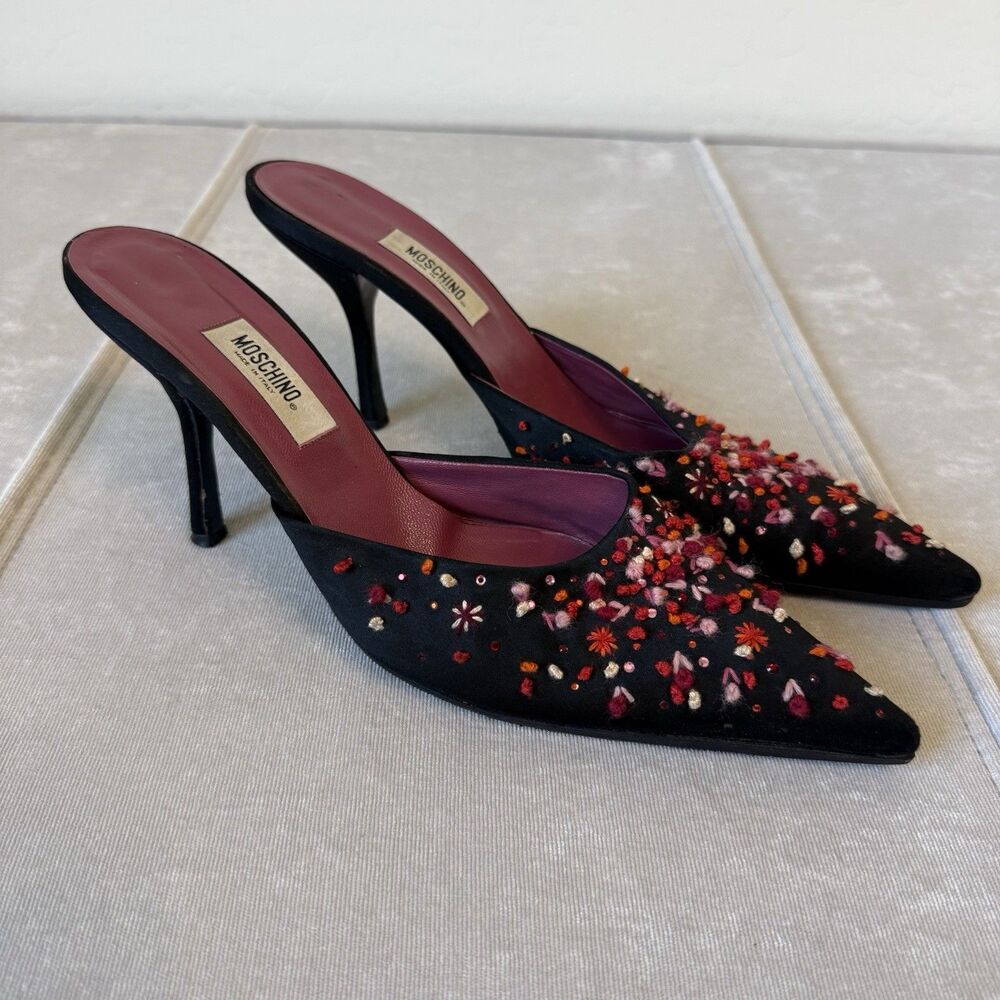 Moschino Vintage Size 38.5 Rhinestone Embroidered Floral Pointed Toe Mule Heels